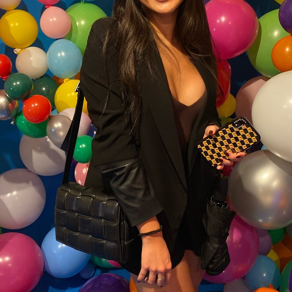 Club Monaco Black Double-Breasted Blazer with Leather Sleeves